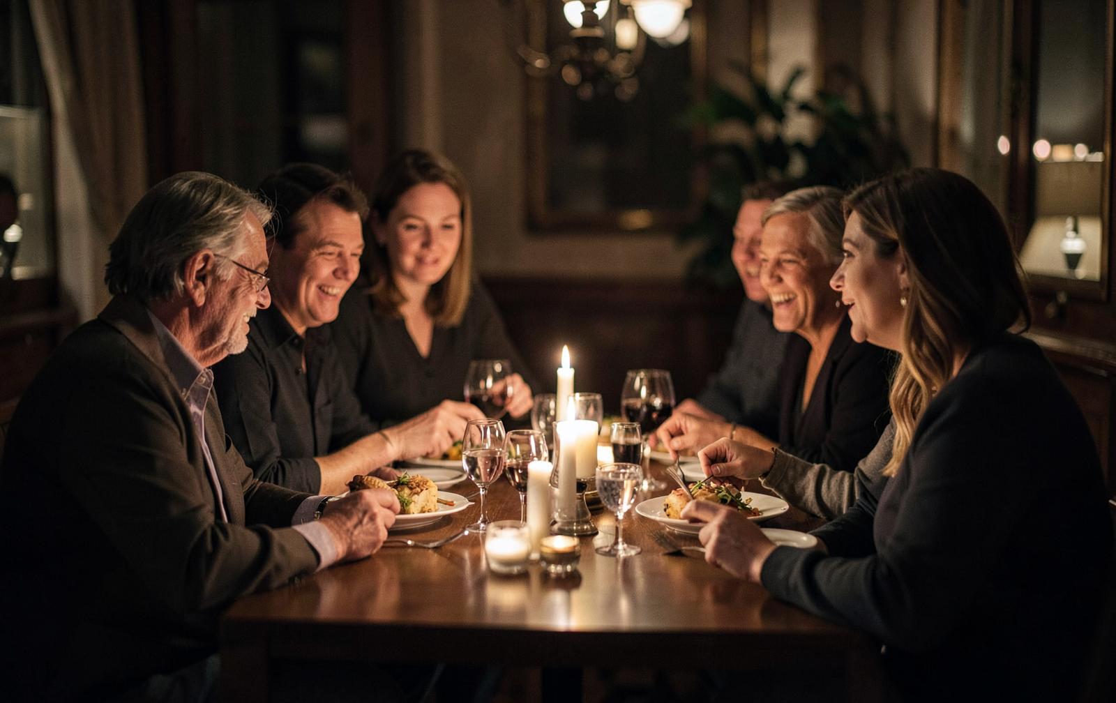 Adults enjoying dinner together around a candlelit table